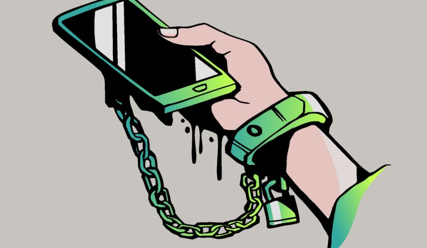 Ręka przykuta łańcuchem do smartfona