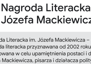 Zaproszenie na Galę Nagrody Literackiej im. Józefa Mackiewicza – 10 listopada (niedziela) o godzinie 18.00