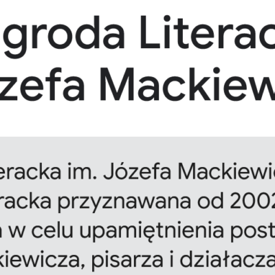 Zaproszenie na Galę Nagrody Literackiej im. Józefa Mackiewicza – 10 listopada (niedziela) o godzinie 18.00