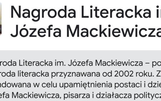 Zaproszenie na Galę Nagrody Literackiej im. Józefa Mackiewicza – 10 listopada (niedziela) o godzinie 18.00