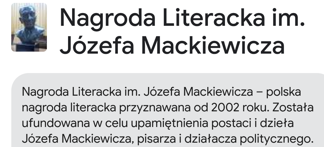 Zaproszenie na Galę Nagrody Literackiej im. Józefa Mackiewicza – 10 listopada (niedziela) o godzinie 18.00